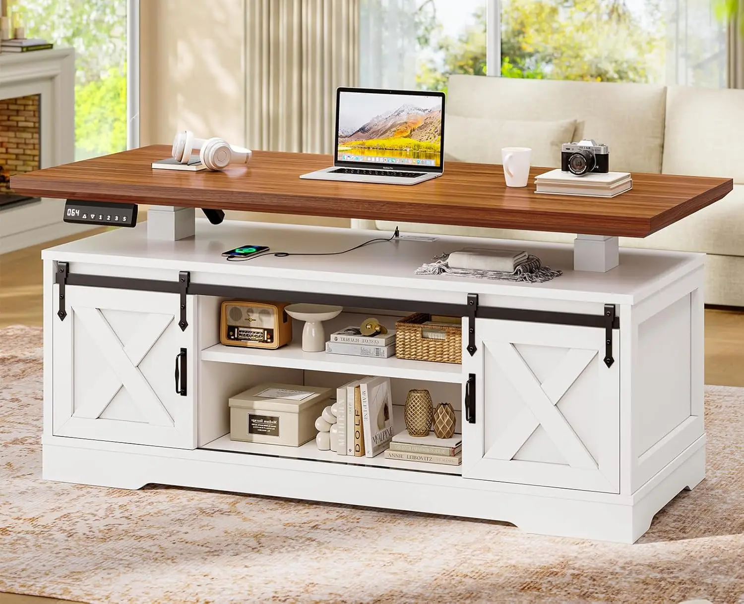 

47.2" Farmhouse Smart Lift Top Coffee Table, Rectangle Coffee Table with Storage and Barn Door, Height Adjustable, Customized