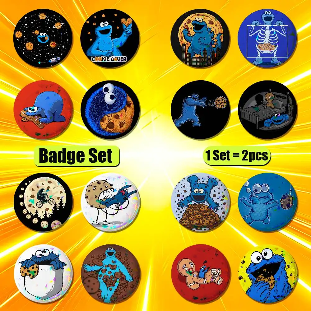 For Cookie Monster Fanart Enamel Pin Badge Set 2PCS Round Metal Button Brooch Backpack Ita Bag Pins Custom