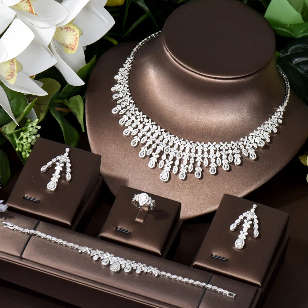 

HIBRIDE Water Drop 4PCS Statement Jewelry Sets For Women Wedding Party Gifts Full Zircon Dubai Bridal Necklace Earring Set N-504