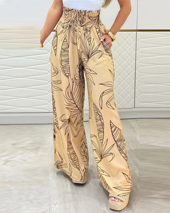 Pantalons pour femmes 2025 printemps nouvelle mode imprimé Tropical taille haute attaché détail pantalon décontracté poche conception froncé pantalon à jambes larges