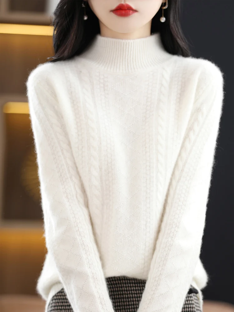 Women Sweater For Winter Thick Warm Long Sleeve Mock Neck Pullover 100% Merino Wool Twist Cashmere Knitwear Korean Fashion New