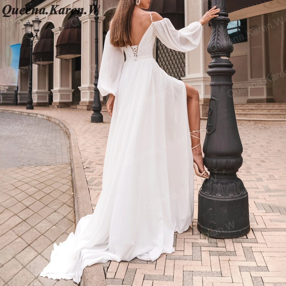 Elegante Boho A Lijn Trouwjurk Lange Mouw Chiffon Bruid Jurk Robe De Mariee A Lijn Bruiloft Bruidsjurk