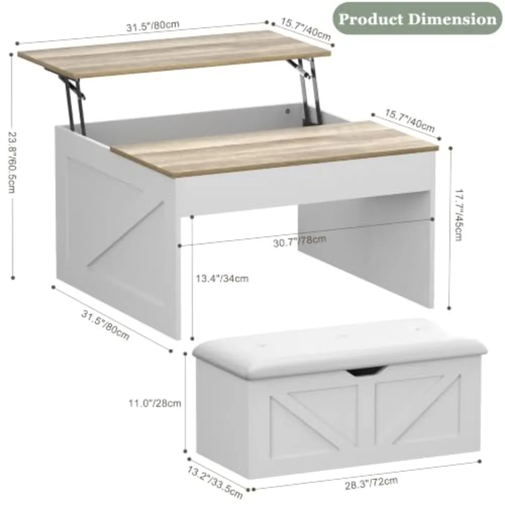 Lift Top Coffee Tables with Storage Hidden Compartment, 31.5 Farmhouse Coffee Tables with Bench, Center Table with