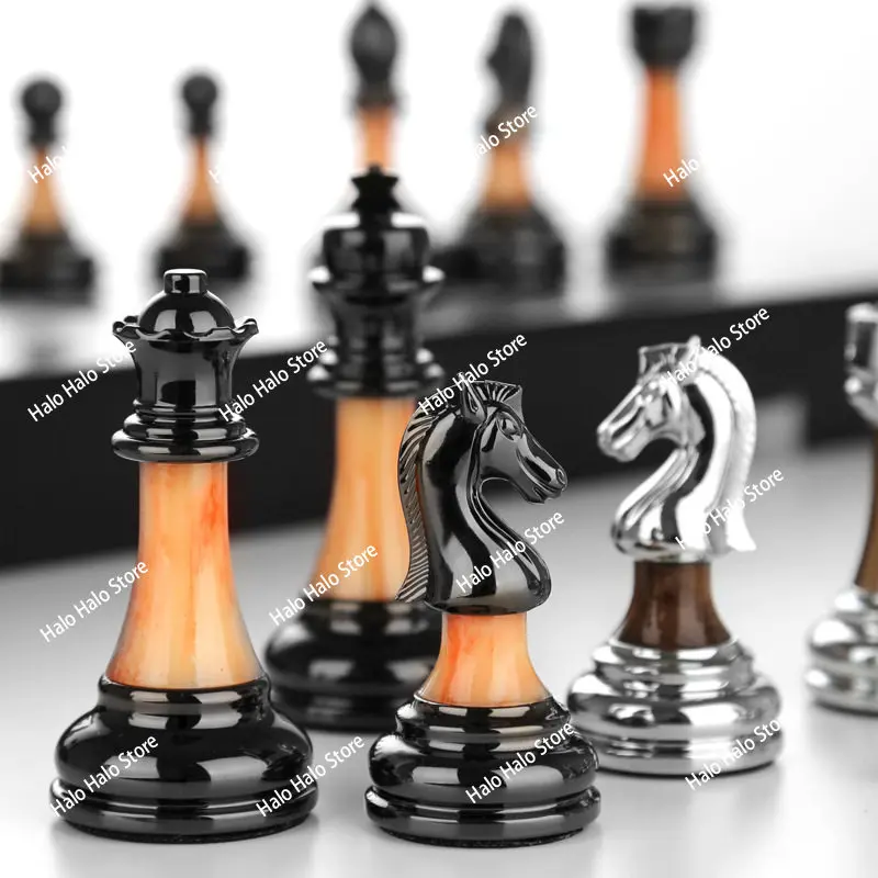 Chess high-end gift box set Solid wood folding chessboard imitation jade chess complex ornament