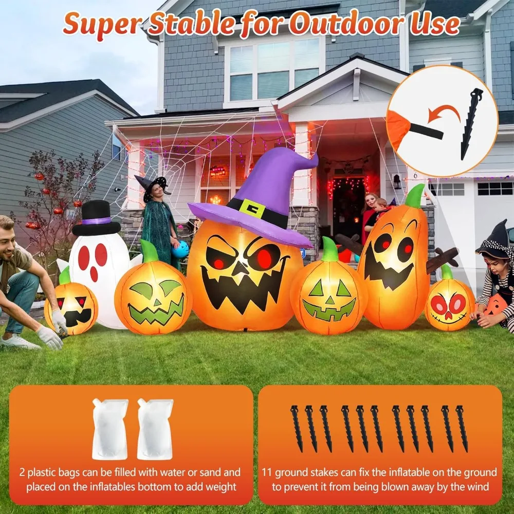 Halloween Inflatables Outdoor Decorations, Haunted Inflatable Pumpkins with Witch Hat & Ghost Combo Blow Up Yard Decoration