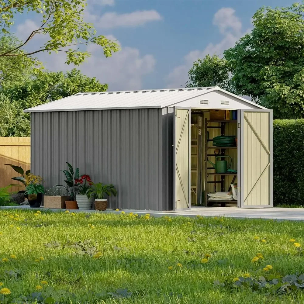 8x10 FT Outdoor Storage Shed, Large Garden Tool Metal Shed with Sloping Roof and Double Lockable Door, Outdoor Shed