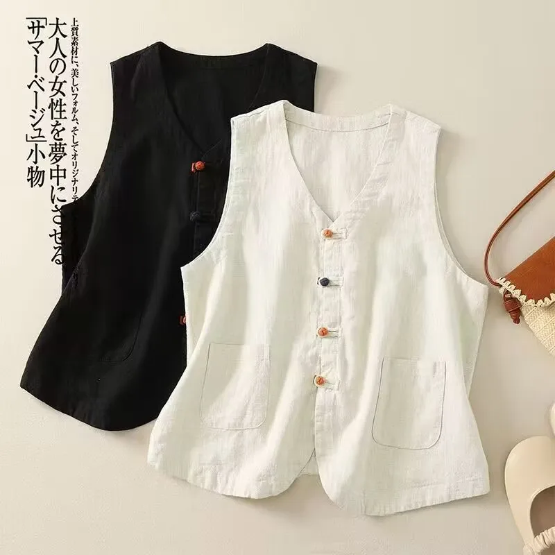 

Womens Cotton Linen Vest Colorful Buttons Waistcoat