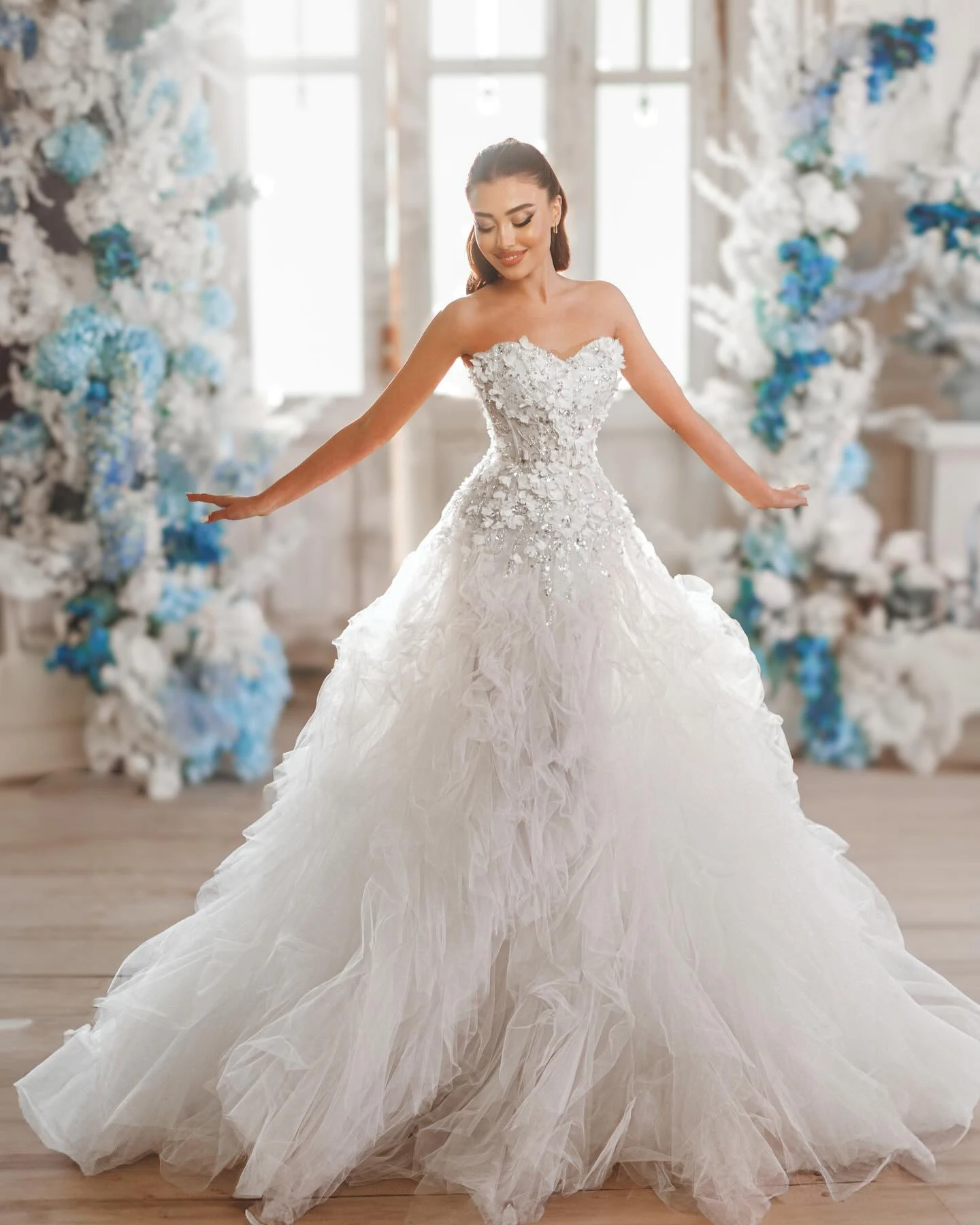 فساتين زفاف رائعة بدون حمالات مزينة بفساتين الزفاف ترتر كشكش ذيل الأميرة حورية البحر مخصصة فيستدوس دي نوفيا #4