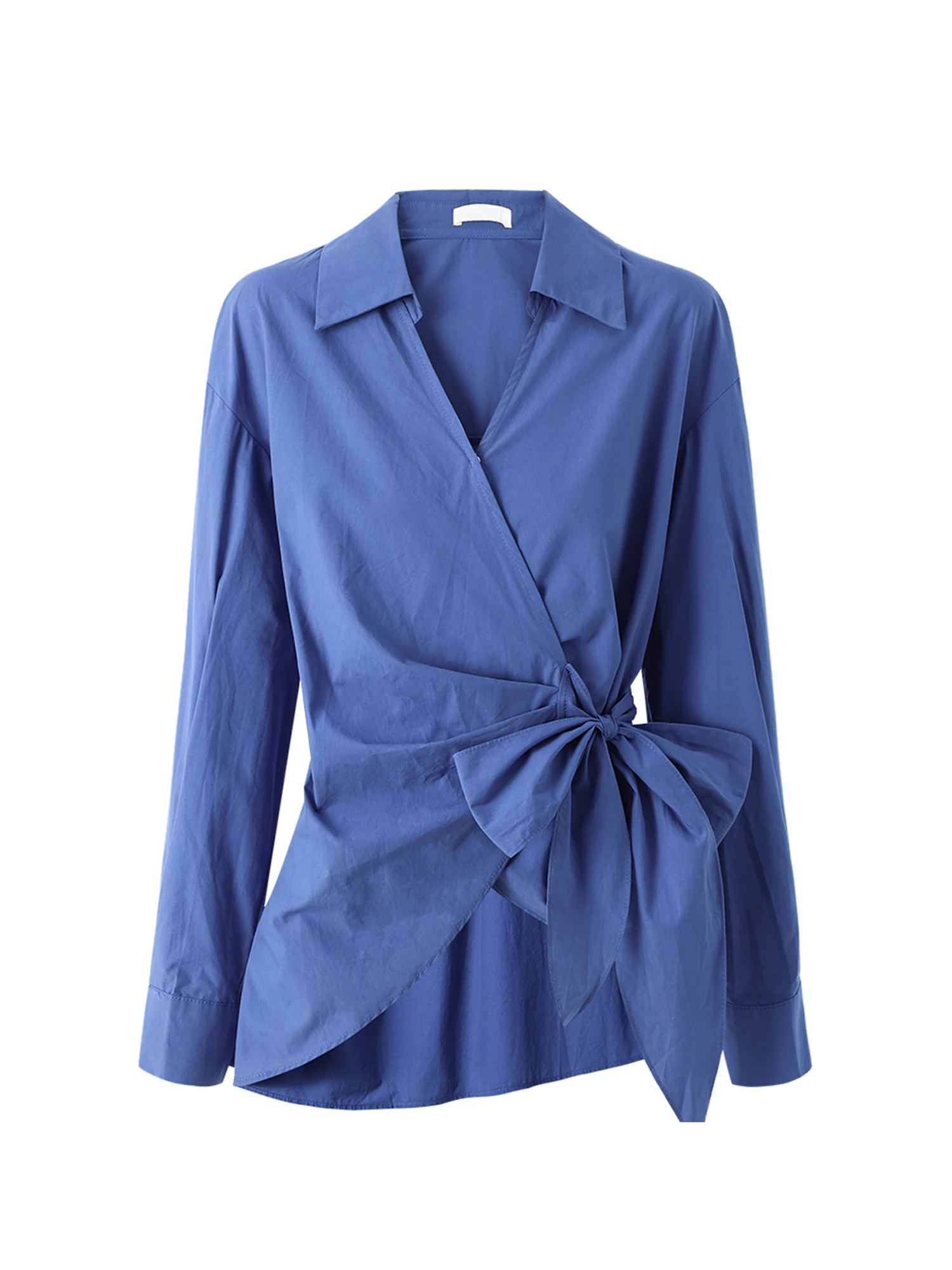 

Women's Blue Shirts and Blouses Vintage Elegant 2000s Long Sleeve Polo-Neck Lace Up Oversize Shirt Clothes Spring Autumn 2025