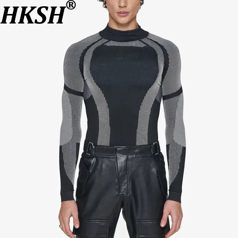 HKSH Spring Summer Men's Tide Fashion Spliced Tops Long Sleeve T-shirts Elastic Tight Fitness Shirts Turtleneck Fashion HK1408