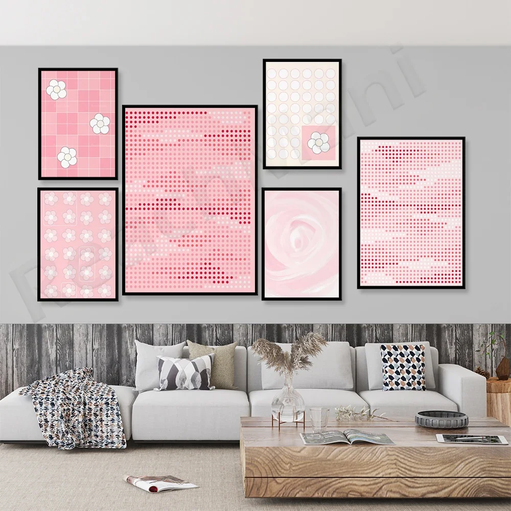 Pink Japanese floral sakura aesthetic poster, pastel pink grid, geometric lines, spring blush pink flowers aesthetic poster