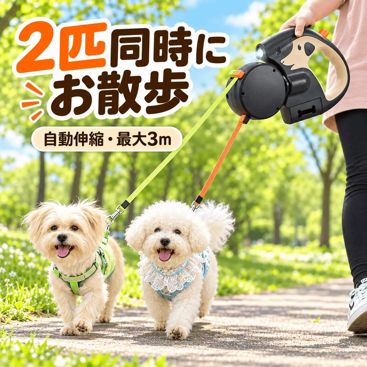 2匹の犬用の伸縮式リード 3mの自動リード