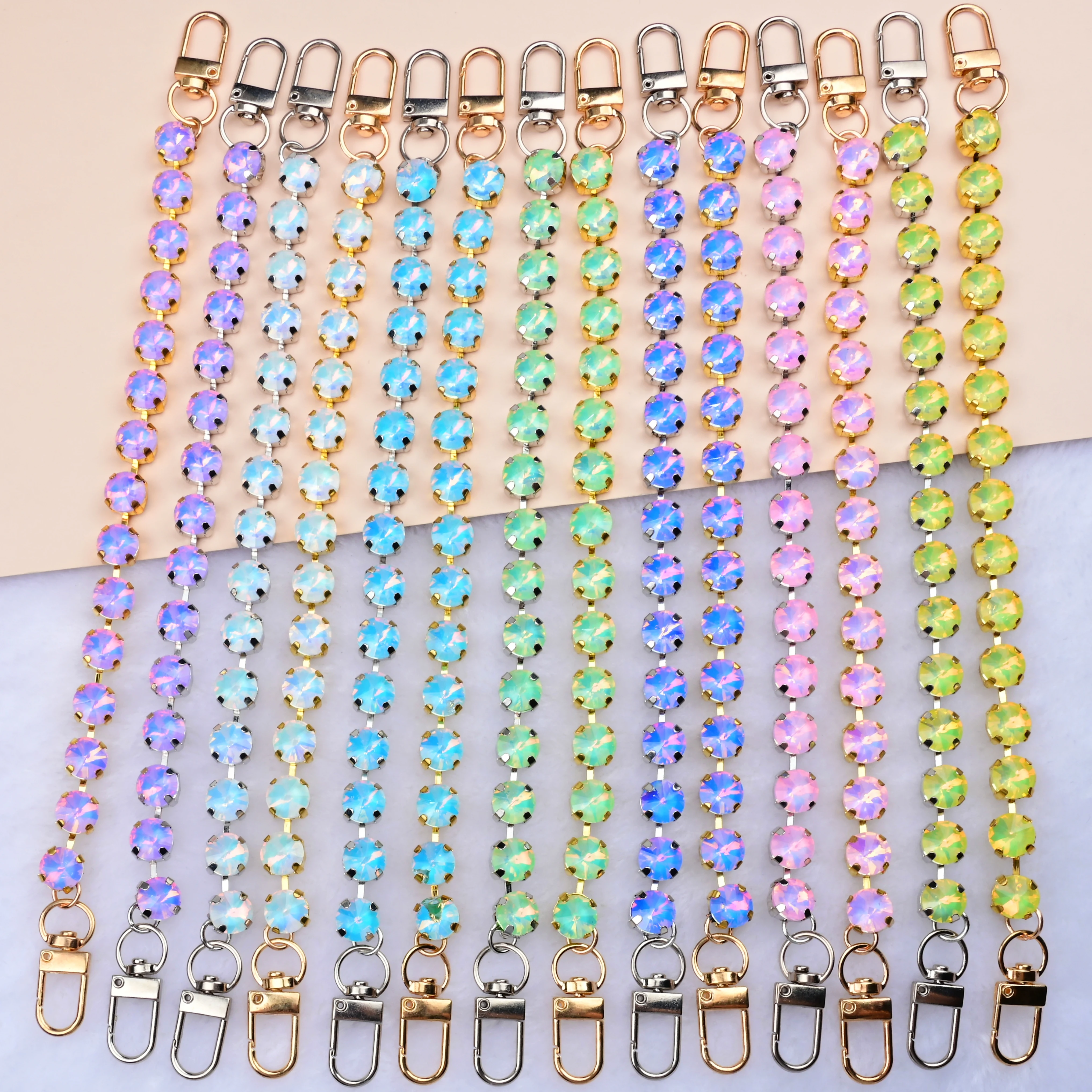 20CM Long Colored 10MM Circular Rhinestone Chain With Gold/Silver Base Handbag Ornament Garment Decor DIY Craft Accessories 2Pcs