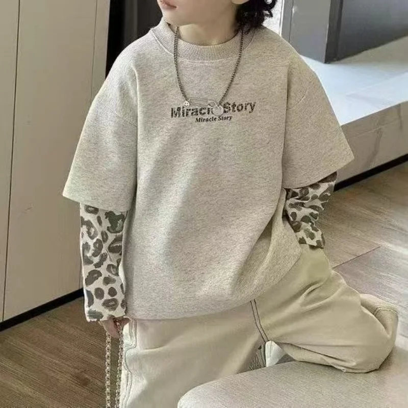 

2026 Spring New Hoodie Boys Korean Leopard Pattern Splicing Fake Two Piece Fashion Casual Hoodie 80-150cm