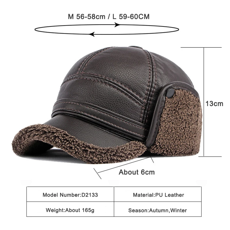 Winter Baseball Cap Men PU Leather Bomber Caps Middle Elderly Dad Hat With Earflaps Thicker Warm Windproof Russian Trapper Hat