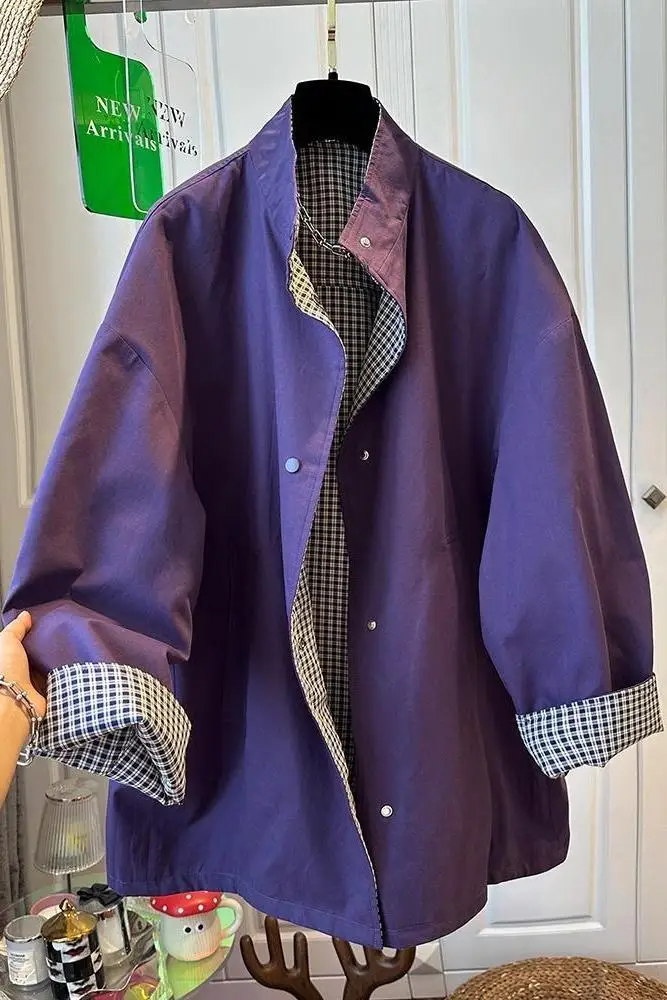 سترات فضفاضة من الجلد القطني المرقعة ذات الياقة السترة للنساء معاطف ربيعية جديدة بأكمام طويلة منقوشة على الموضة #6