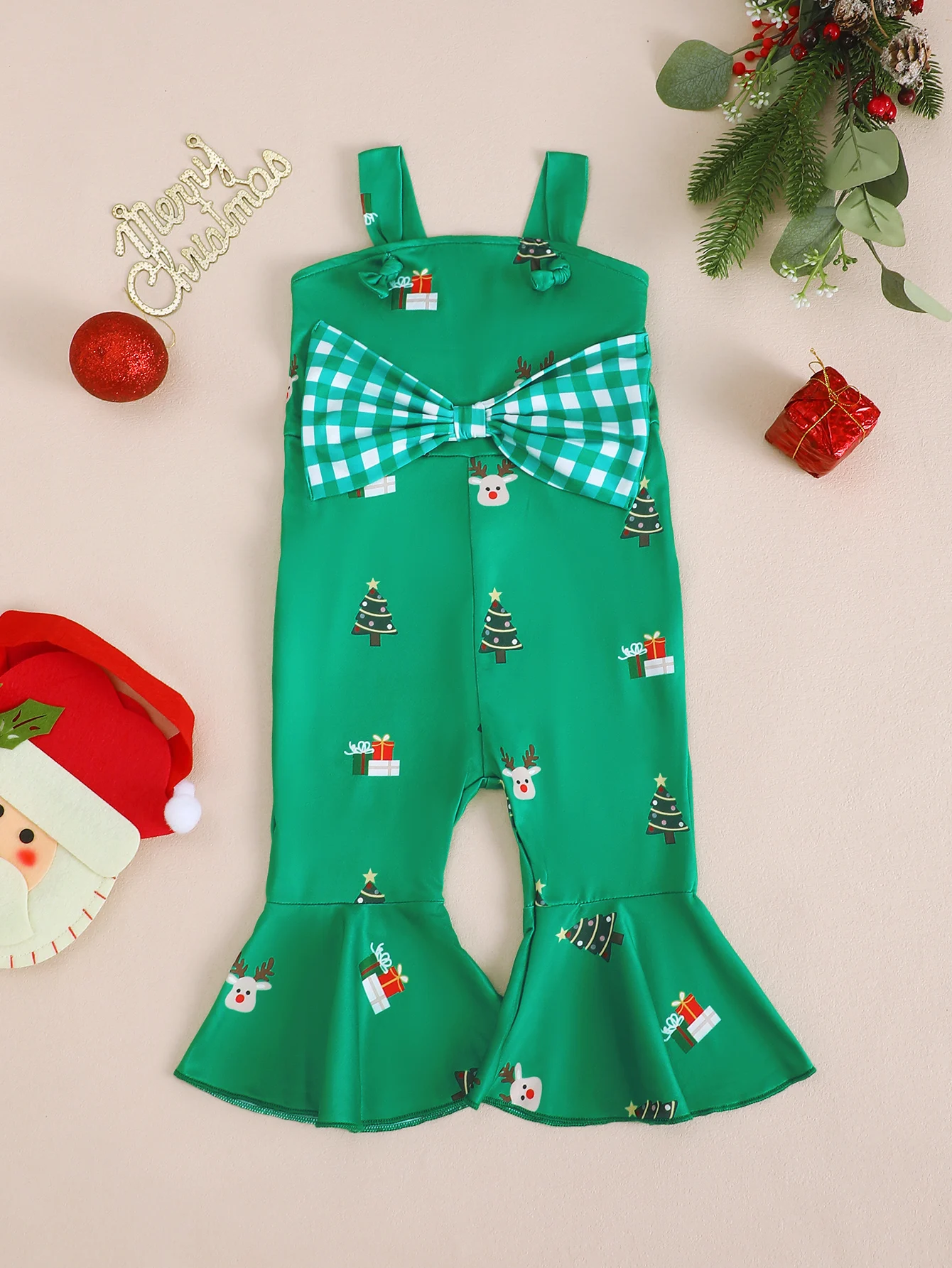 Overall mit Weihnachtsbaum-Aufdruck für Babys, lange Hose mit Schlaghose, Weihnachtsthema, Säuglingskleidung