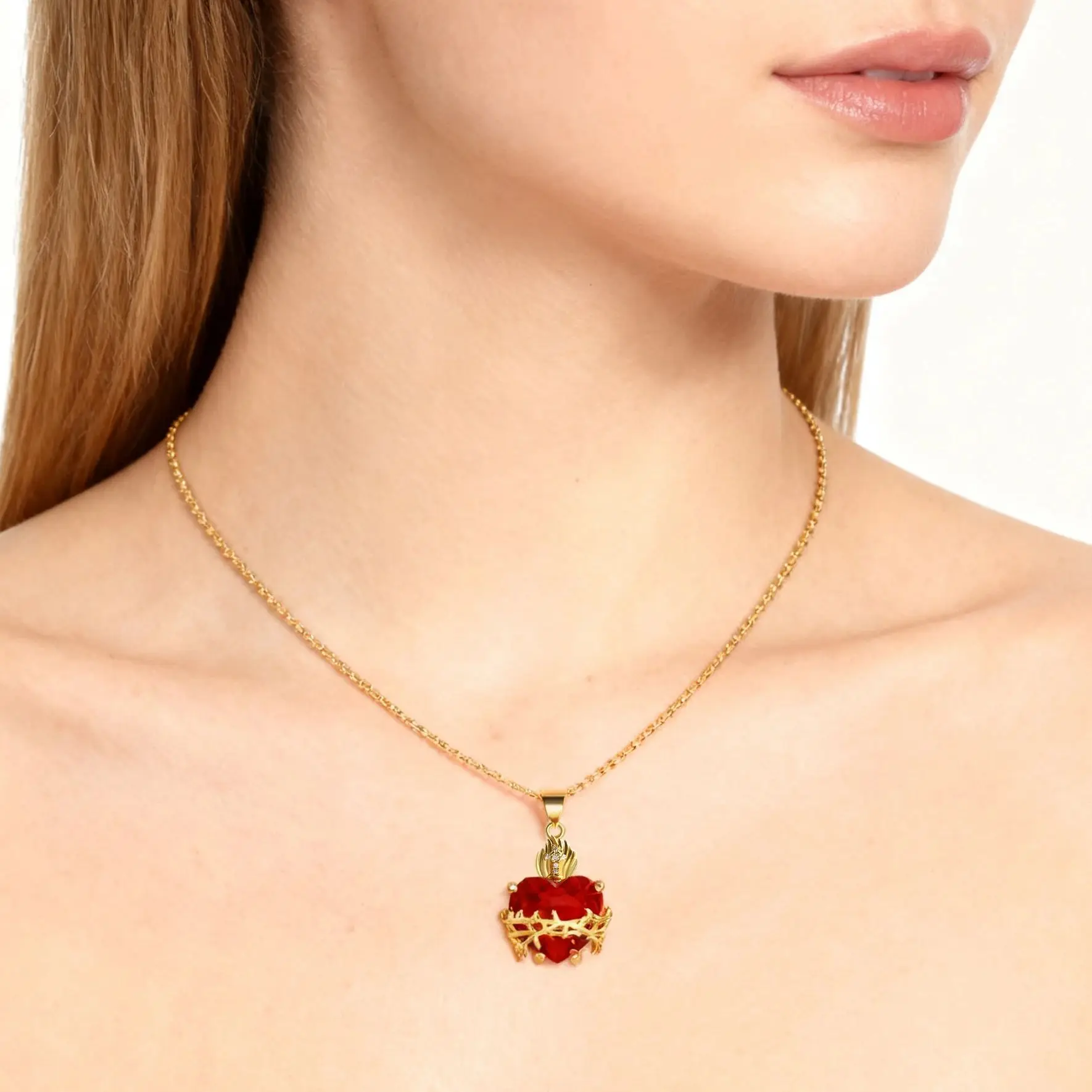SUNSLL Sacred Red Heart Cross Cubic Zircon Pendants Necklaces Luxury Women Gold Plated Romantic Love Anniversary Jewelry Gifts