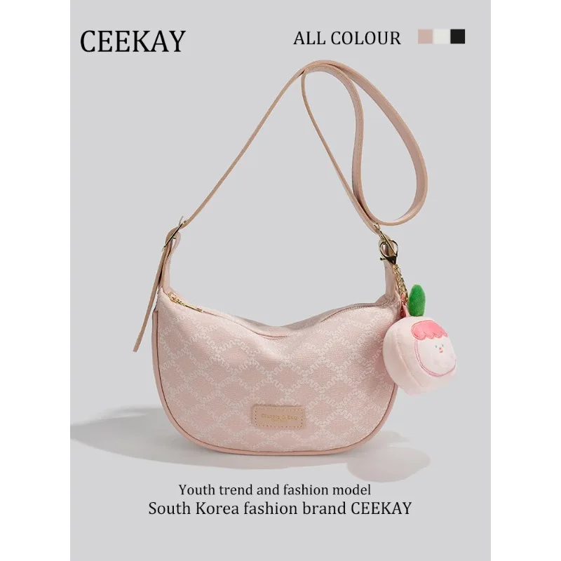 

Новая сумка CEEKAY 2026 года с узором аргайл, милая сумка через плечо с персиковым кулоном и регулируемым ремешком, мини-сумочка для женщин