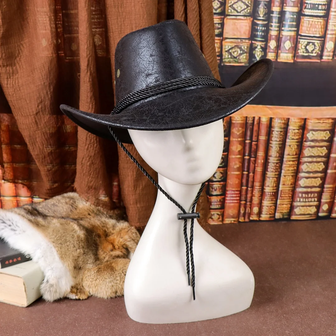 Vintage Faux Leather Big-edge Western Cowboy Hats Panama Gentleman Cowgirl Jazz Hat Holidays Party Cosplay Hat image 4