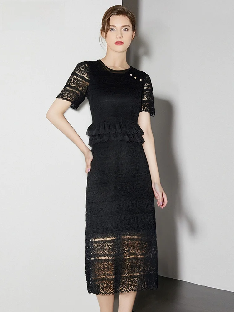 Cyanine Sea Blue Lace Hollow out f Skirt Set Women's Faionable Summer Outfit Two-Piece Suit Polyester ort Sve round...