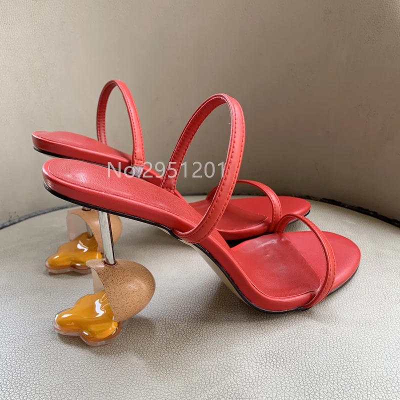 New Color Leather Ankle Straps Sandals Open Toe Egg Metal Iron Heels Mules Women Green Slip-on Unique Heels Sandalias Mujer