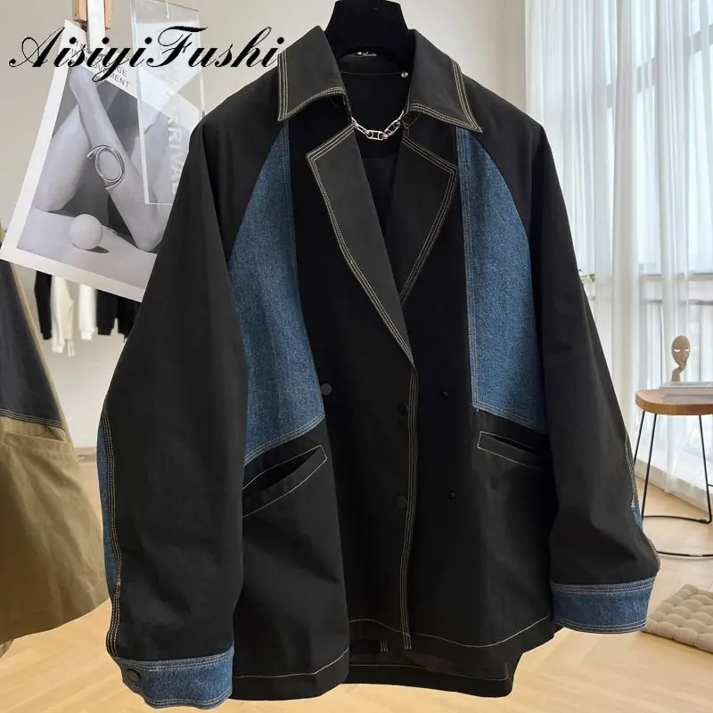 Denim costura jaqueta casual trabalho feito com ferramentas feminino duplo breasted outono e inverno meados de comprimento trench coat retro jaqueta design sentido