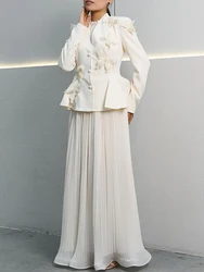Modphy Elegant Blazer Pleated Skirt Sets Women Bow Single Breasted Back Lace Up Jacket Coats Mini Skirts Two Piece Set 2026 Lady