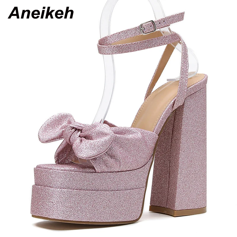 Aneikeh Classics Butterfly-Knot Decoration Women Platform Sandals Fashion Open Toe Ankle Buckle Strap High Heel Wedding Pumps