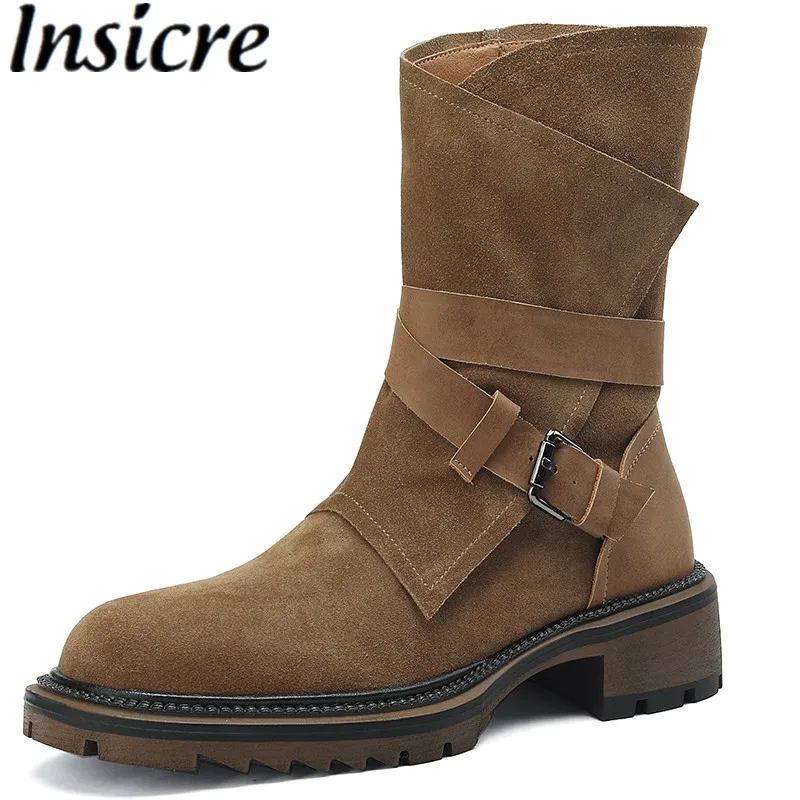 

Insicre Women Ankle Boots Fashion Platform Buckle Cow Suede Round Toe Thick Mid Heels 2022 Winter Shoes Non Slip Brown