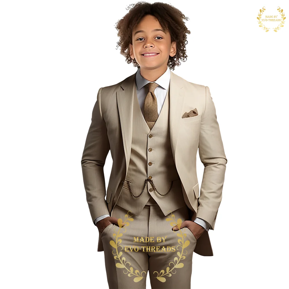 Khaki Classic 3-Piece Boys' Formal Suit (Jacket+Vest+Pants) Custom Kids Attire for Wedding Cocktail Easter Thanksgiving Party