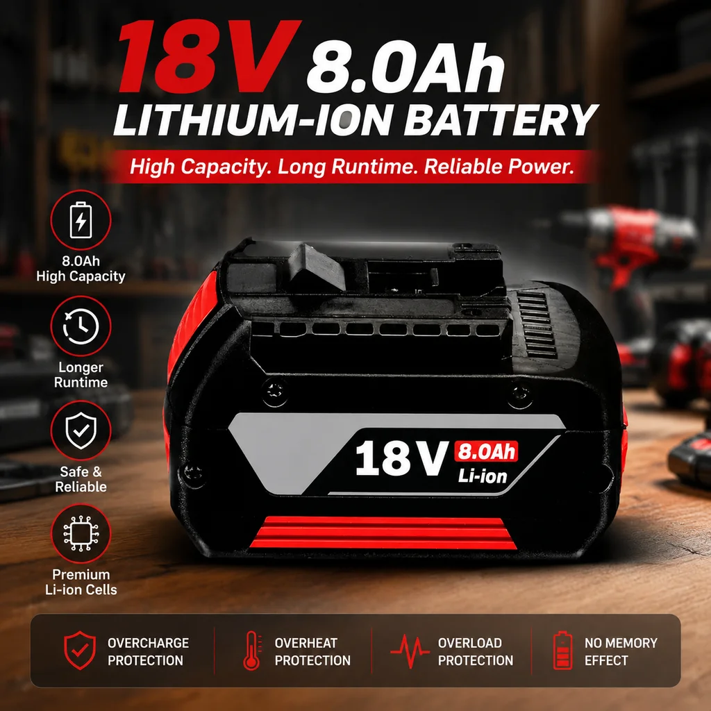 18V 8,0Ah Lithium-Ionen-Ersatzakku Kompatibel mit Bosch 18V Akku-Werkzeugen, Hochleistungs-Akku mit Mehrfachschutzsystem