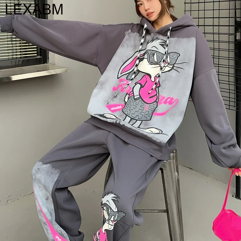 Cartoon Rabbit Oversized Hooded Sweatershirt and Sweatpants 2 Pieces Sets Women 2024 Winter Fleece Keep Warm Pant Sets Y2k