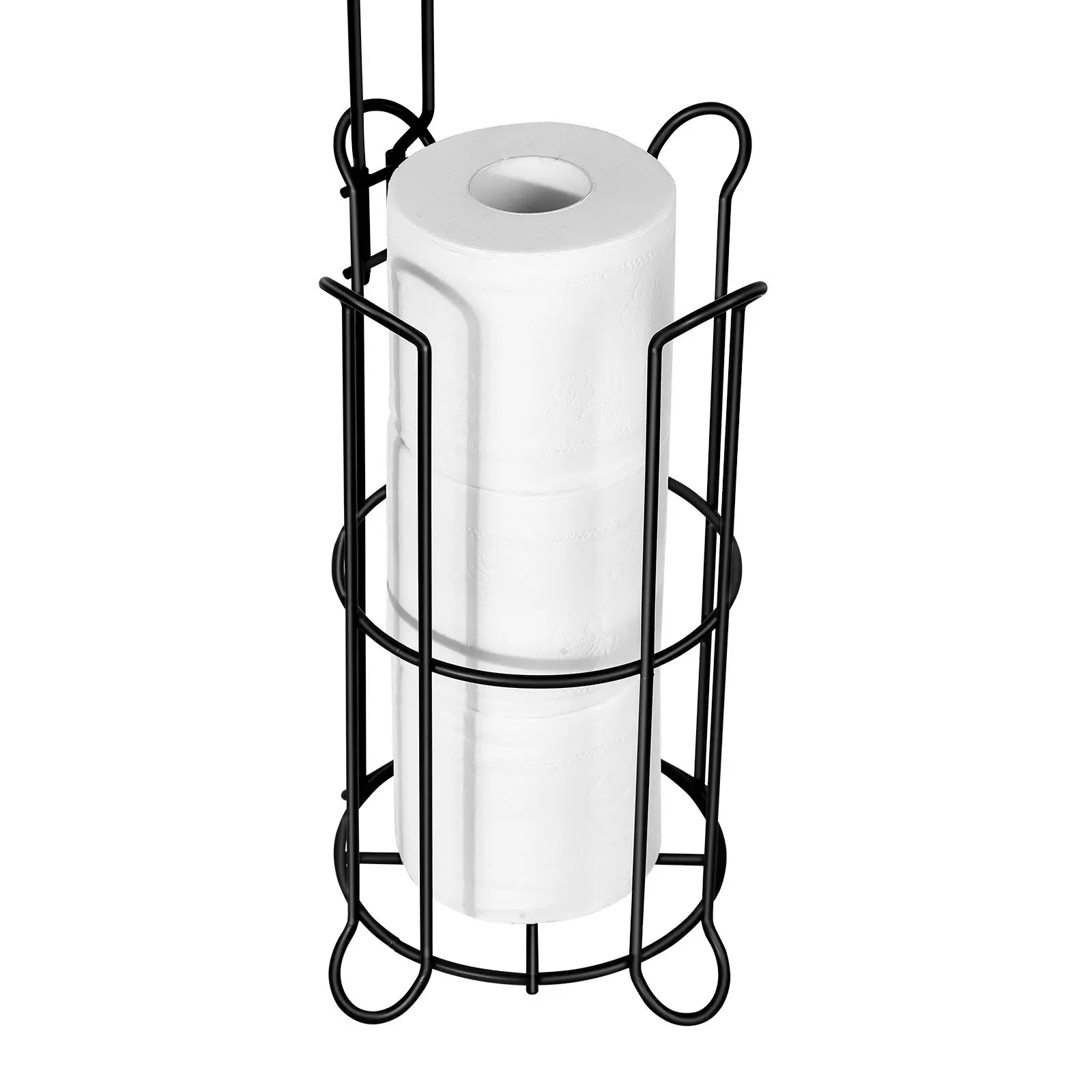 Free Standing Toilet Paper Holder with Shelf, 3-in-1 Premium Metal Material, Store Up to 4 Mega Rolls, Elevated Base Design, Tissue Roll Storage Rack for Bathroom, Washroom, Matte Black