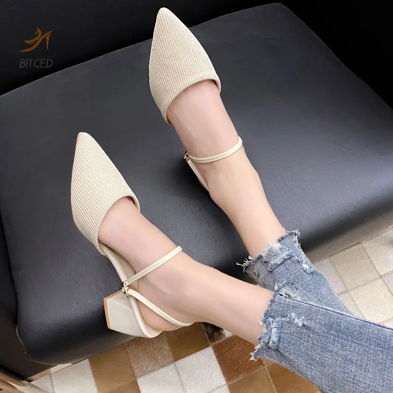 Women Mules Shoes 2023 Summer New Pointed Toe Chunky Heels Ladies Slippers Fashion Plus Size Dress Party Mid Heel Shoes Women