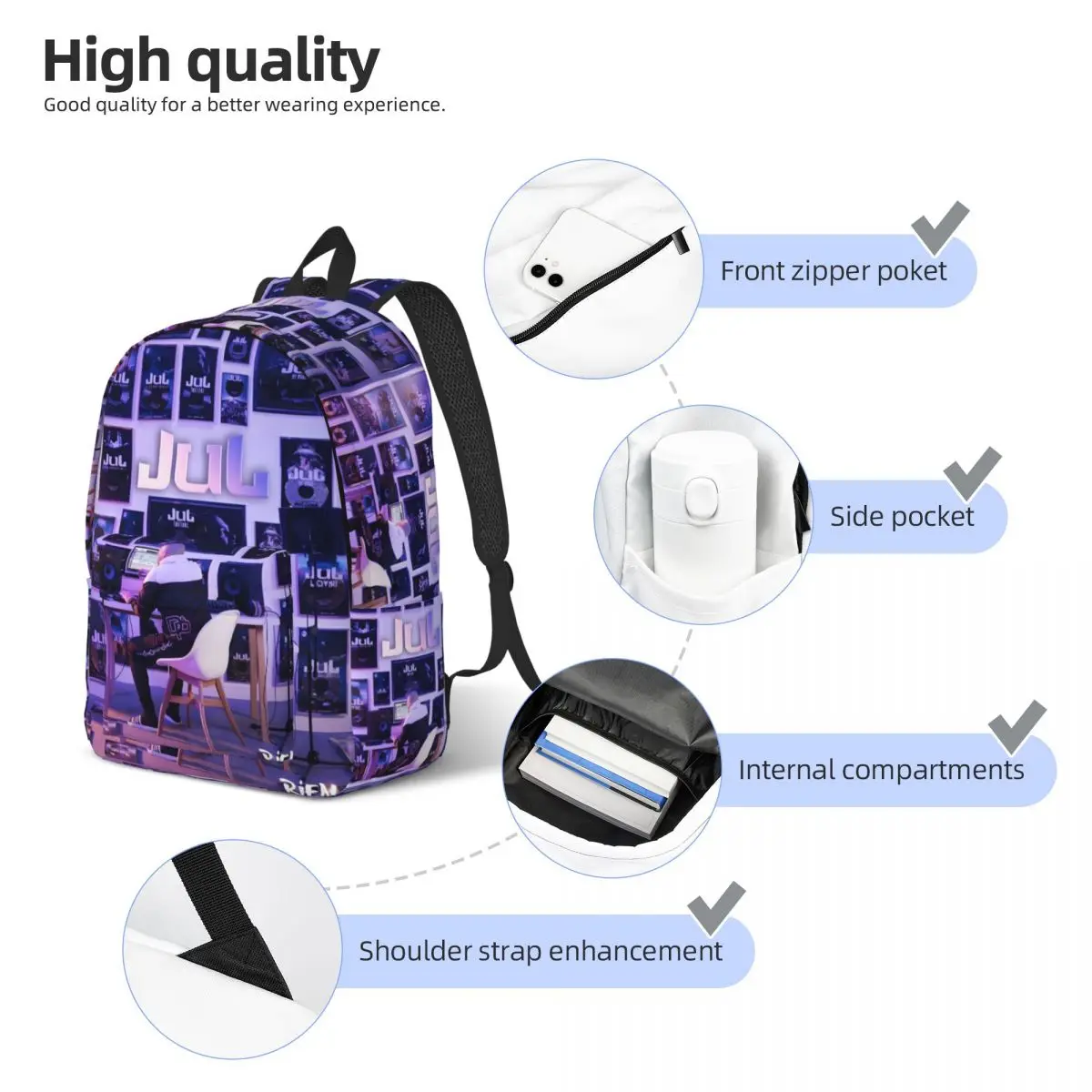 Custom 3D Printing Hip-Hop Jul Singer Canvas Backpacks Rien 100 Rien School College Travel Bags Bookbag Fits 15 Inch Laptop