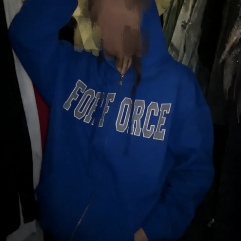 

Худи на молнии в стиле Харадзюку INS, унисекс, синее, с буквенным принтом, повседневное, уличное, свободного кроя, модное, базовое, стильное.