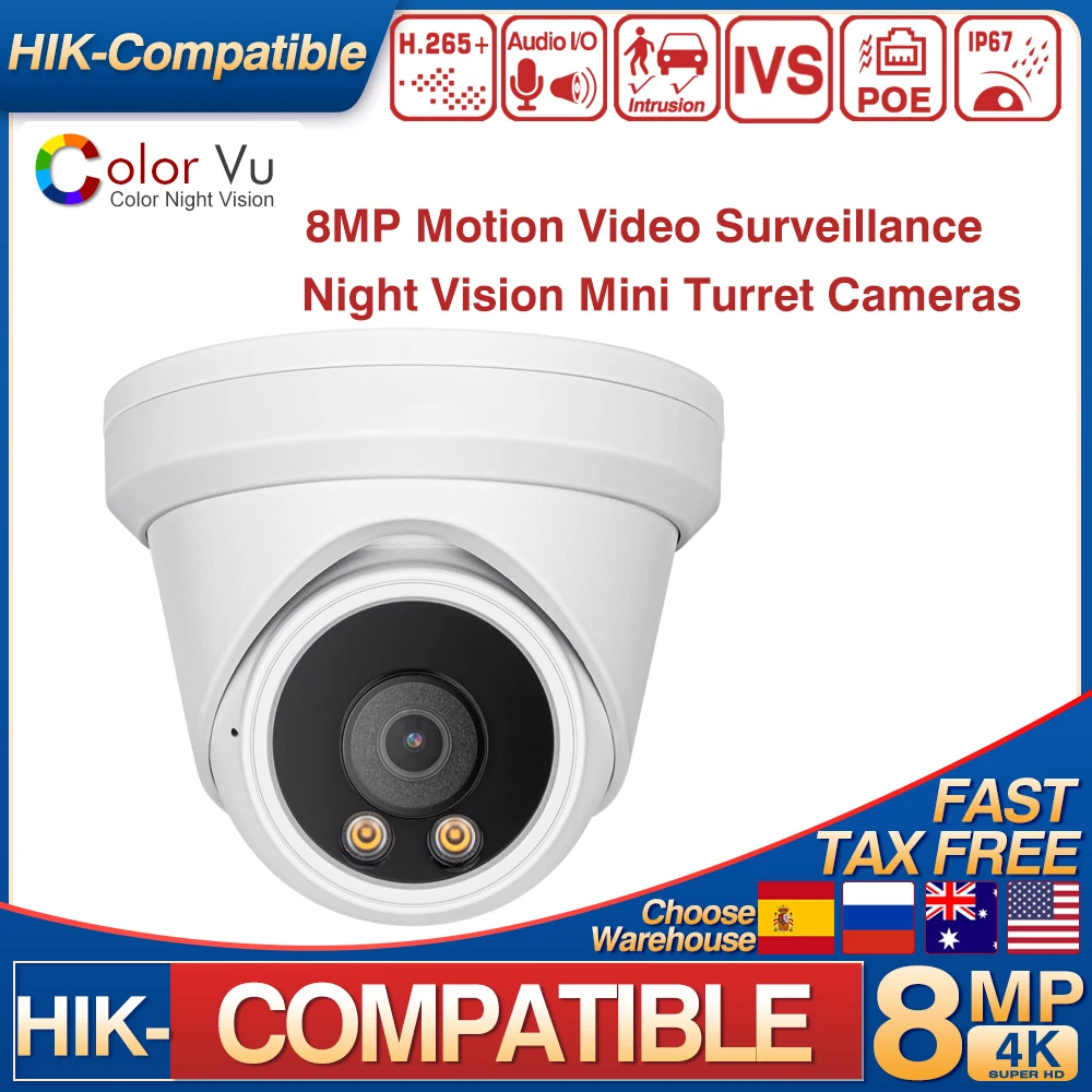 Hikvision Compatible Color Night IP Camera 8MP PoE Video Surveillance Cameras Human Vehicle Detection Built-in Mic HIK Protocol