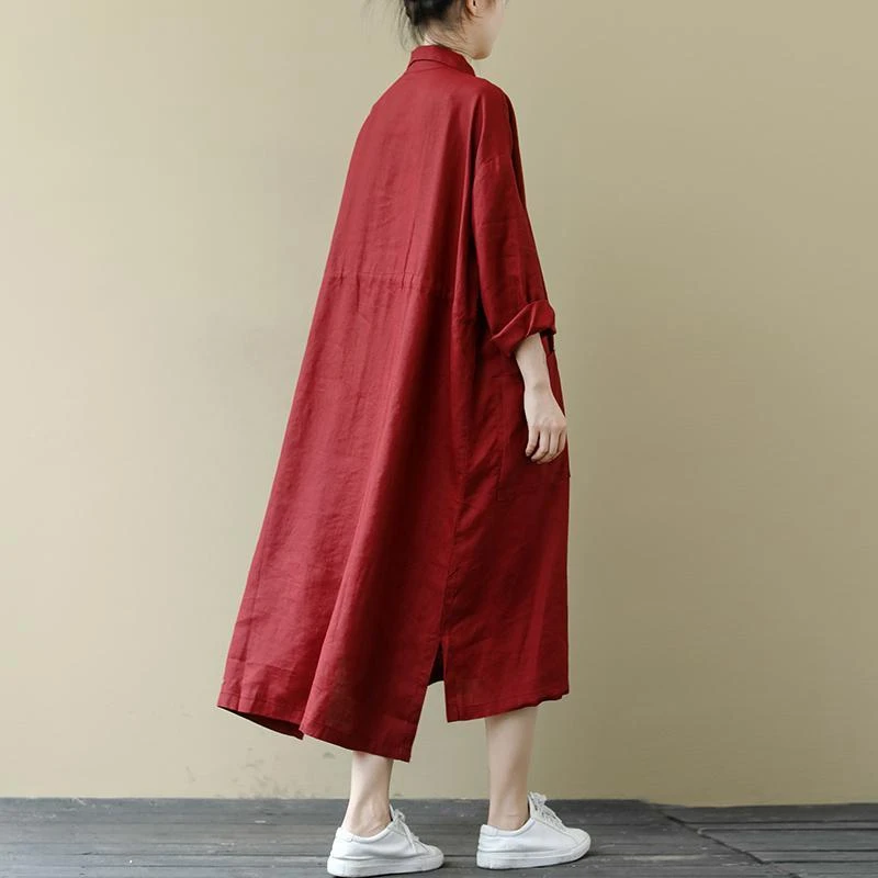 Ele Long Loose Damen Leinen Dr. Vintage HongKong Sle irt Dr Pendeln Pure Color Collar Frühlingsaison