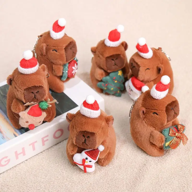 Cute Christmas Capybara Plush Pendant Keychain Soft Stuffed Doll Backpack Hanging Decoration
