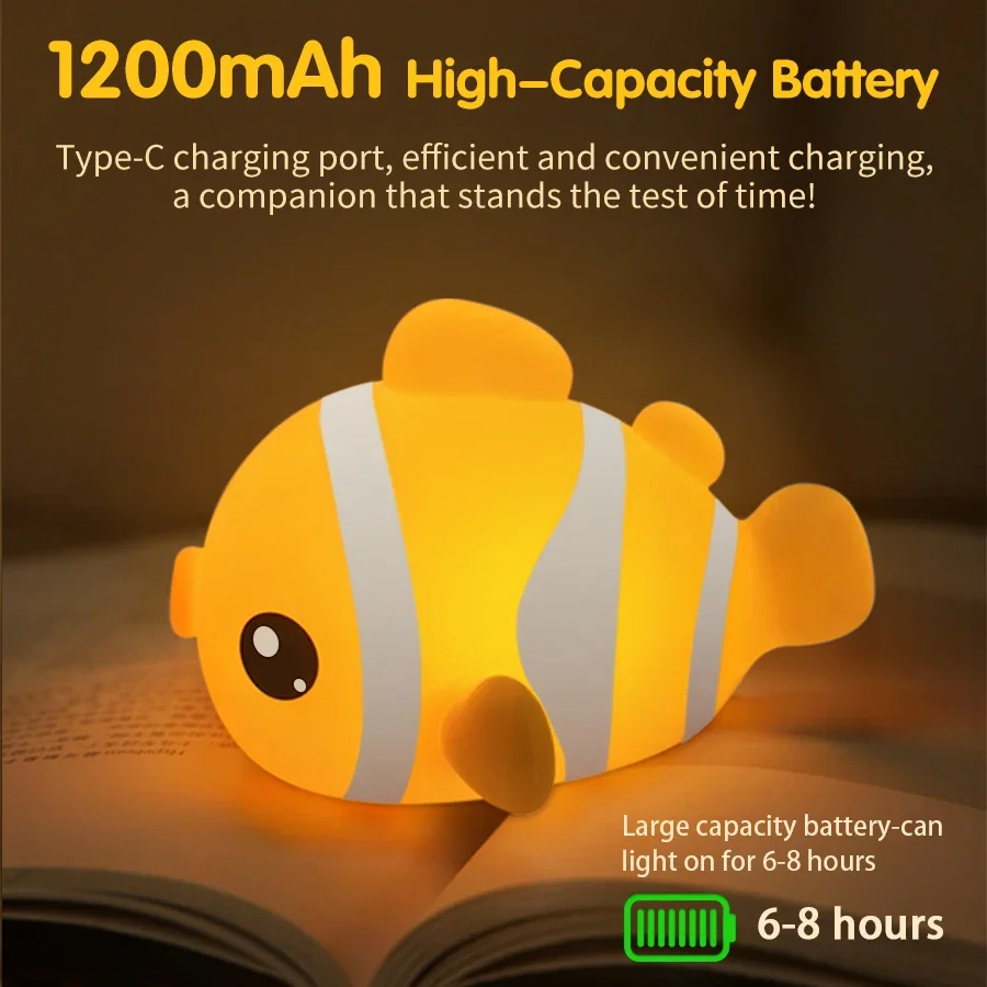 Clownfish Night Light Three-gear Dimmable Silicone Bedside Lamp for Kids Rechargeable Touch Led Nightlight for Bedroom Nursery