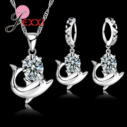 Fast Shipping Pretty CZ Cubic Zirconia Jewelry Set 925 Sterling Silver Romantic Dolphin Pendant Necklace & Earrings Set