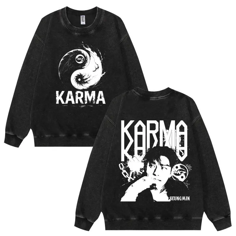 

KPOP The 4th Album KARMA FELIX BANGCHAN HYUNJIN CHANGBIN Vintage Washed Hoodie Women Men O-neck Long Sleeve Crewneck Sweatshirts