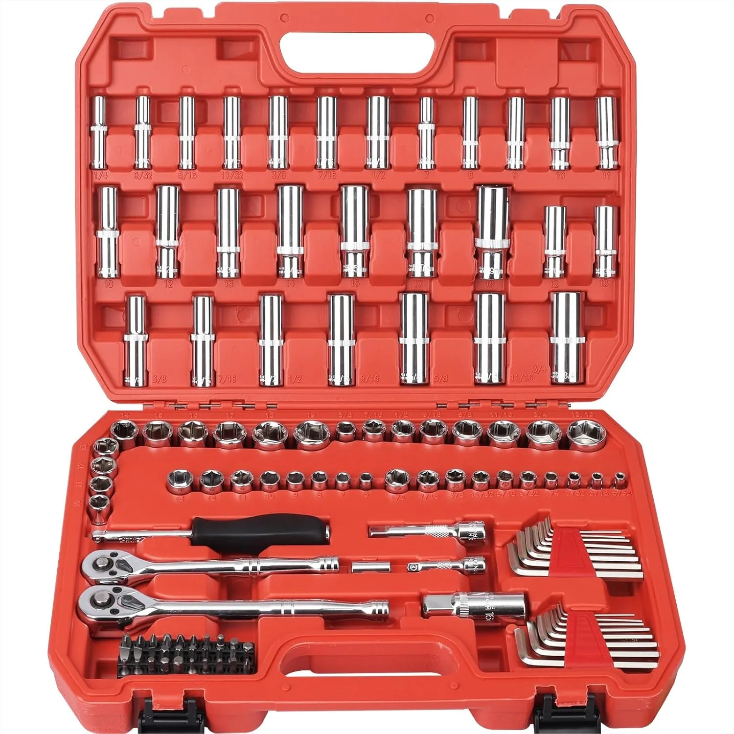 

Набор торцевых ключей из 117 предметов с приводом 1/4 и 3/8 дюйма, метрические/SAE размеры, с битами и удлинителем для авторемонта и домашнего использования