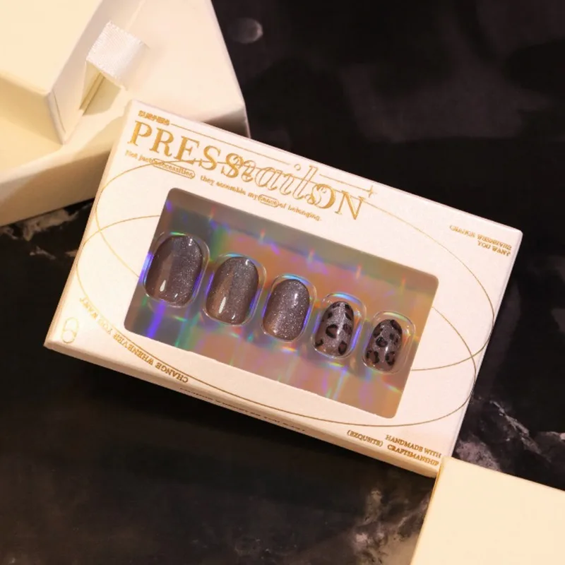 قصيرة رمادي غامق فتاة الساخنة قسط الشعور يمكن ارتداؤها مسمار نصائح لخريف/شتاء القط العين ليوبارد طباعة Instagram مسمار الفن الأظافر كاذبة