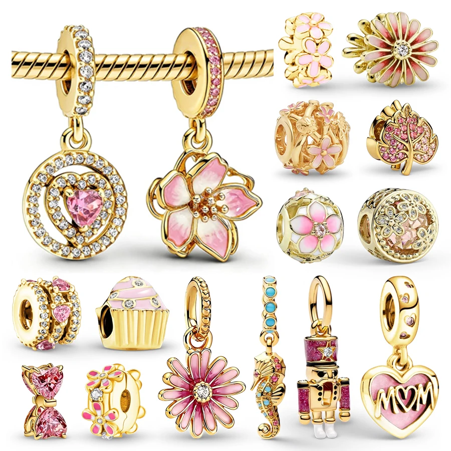 DIY Złote Biżuteria Damska Prezenty Różowe Kwiaty Charmsy Różowa Stokrotka Dziadek do Orzechów Babeczka Kokarda Koraliki Pasują do Oryginalnej Bransoletki Sanke