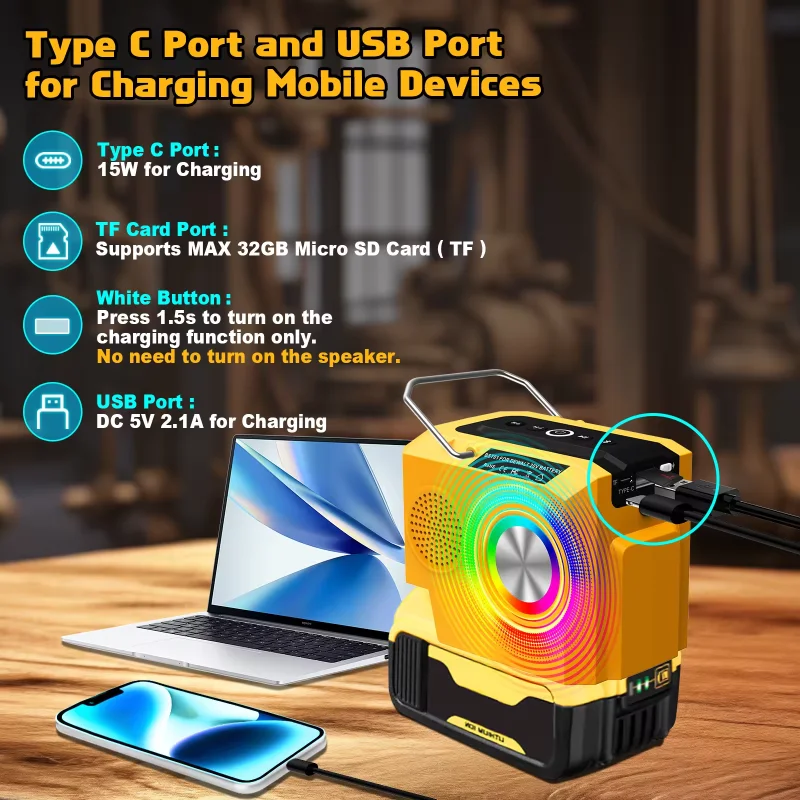 Portable Speaker For Dewalt 18-20V Li-ion Battery DCB203 DCB207 With USB Type-C Output Port Bluetooth Player Loudspeaker