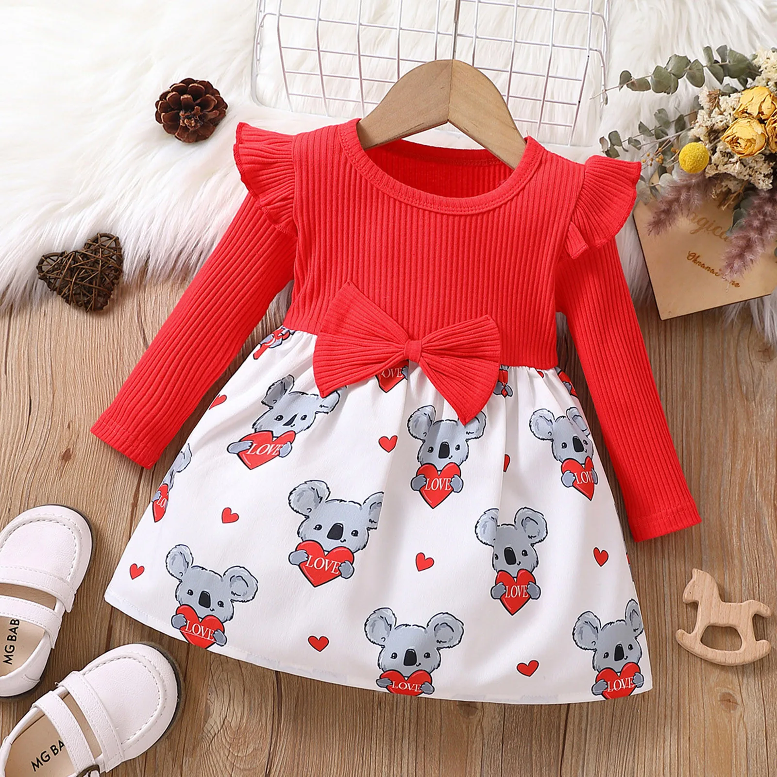 Valentine's Day Cute Dress Toddler Girls Winter Long Sleeve Ribbed Red Koala Love Printed Dress Bow Party Princess Dress Vestido