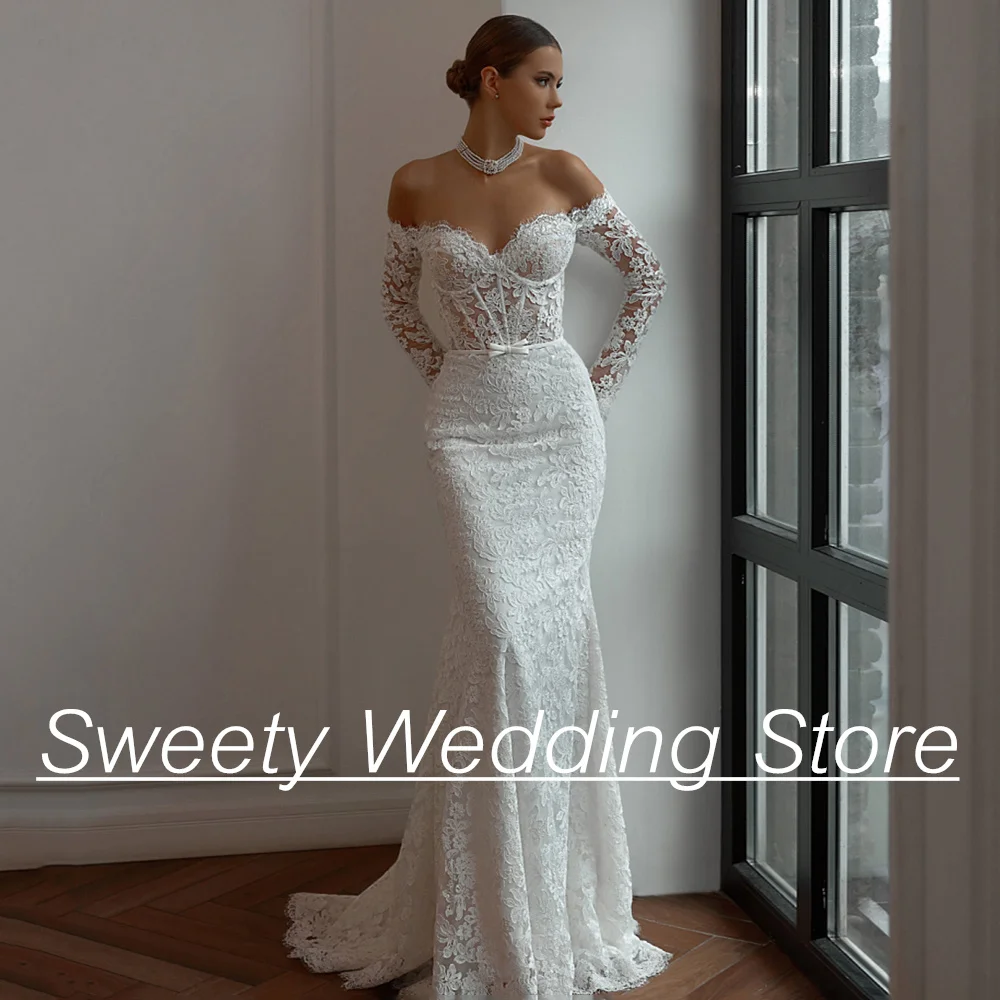 Vestidos de novia de sirena de encaje para mujer, vestido de novia personalizado con escote Corazón, mangas completas, transparente, tren de barrido, 2024