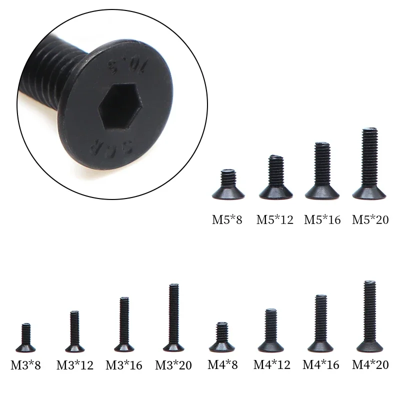 20 قطعة مسامير سداسية من الفولاذ الكربوني الأسود M2/M3/M4/M5 مسامير ألين برأس مسطح بأحجام متنوعة #1
